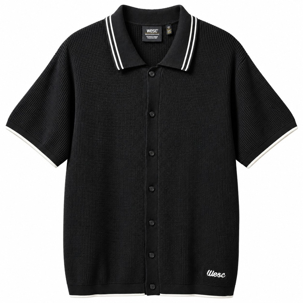 NWT$ WESC Short Sleeve Polo Collar Cardigan Sweater Mens Sz XXL Black White Trim